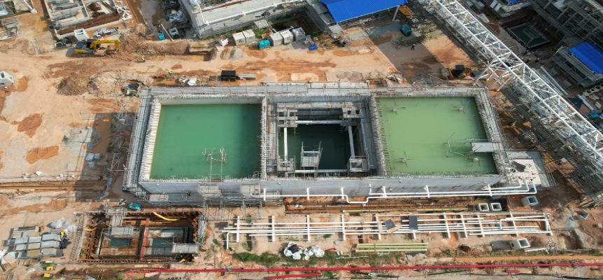 Aerial view of the EMAS effluent treatment basins under construction at Sg. Udang, Melaka