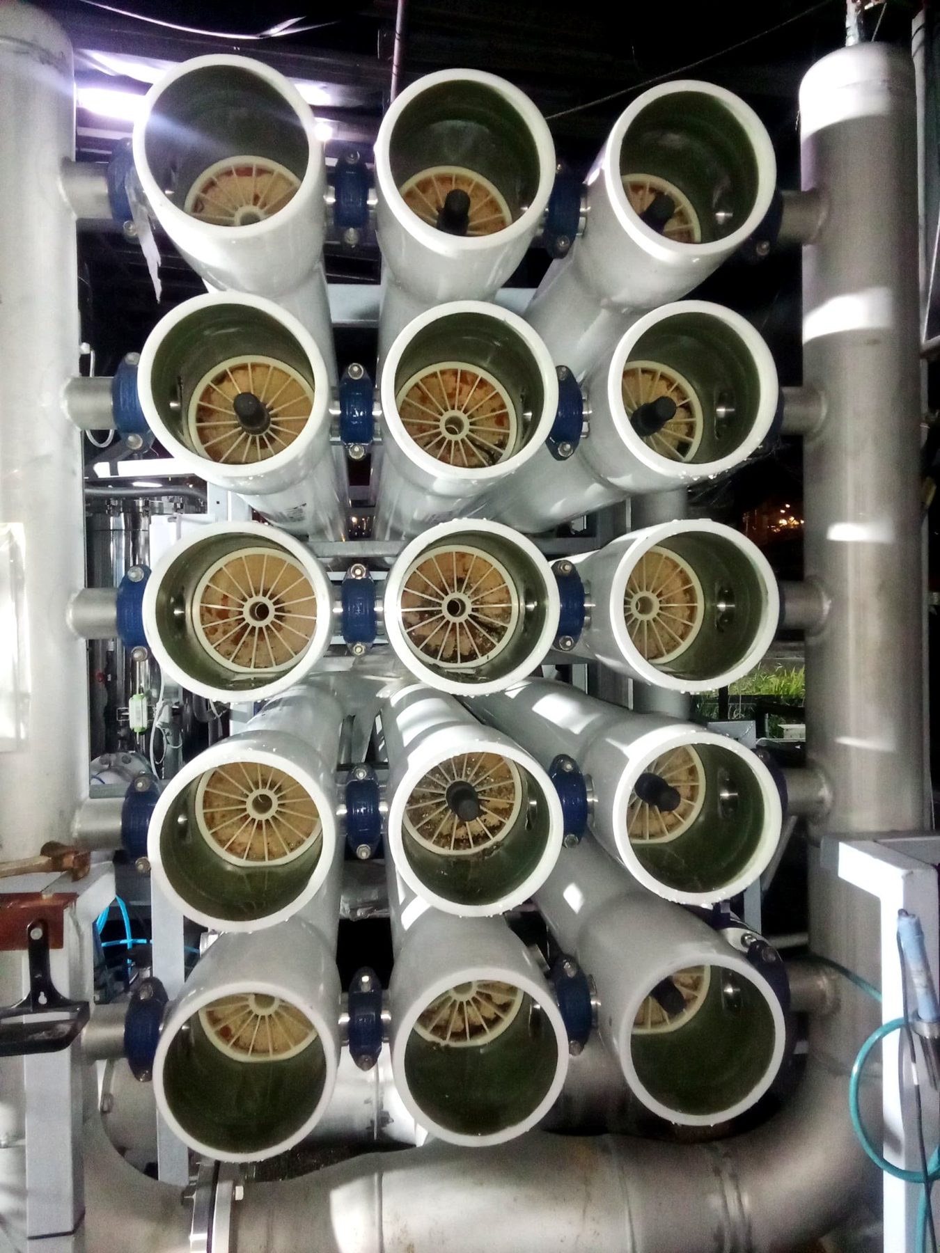 Close-up of refurbished membrane housings at the Lumut raw water treatment plant